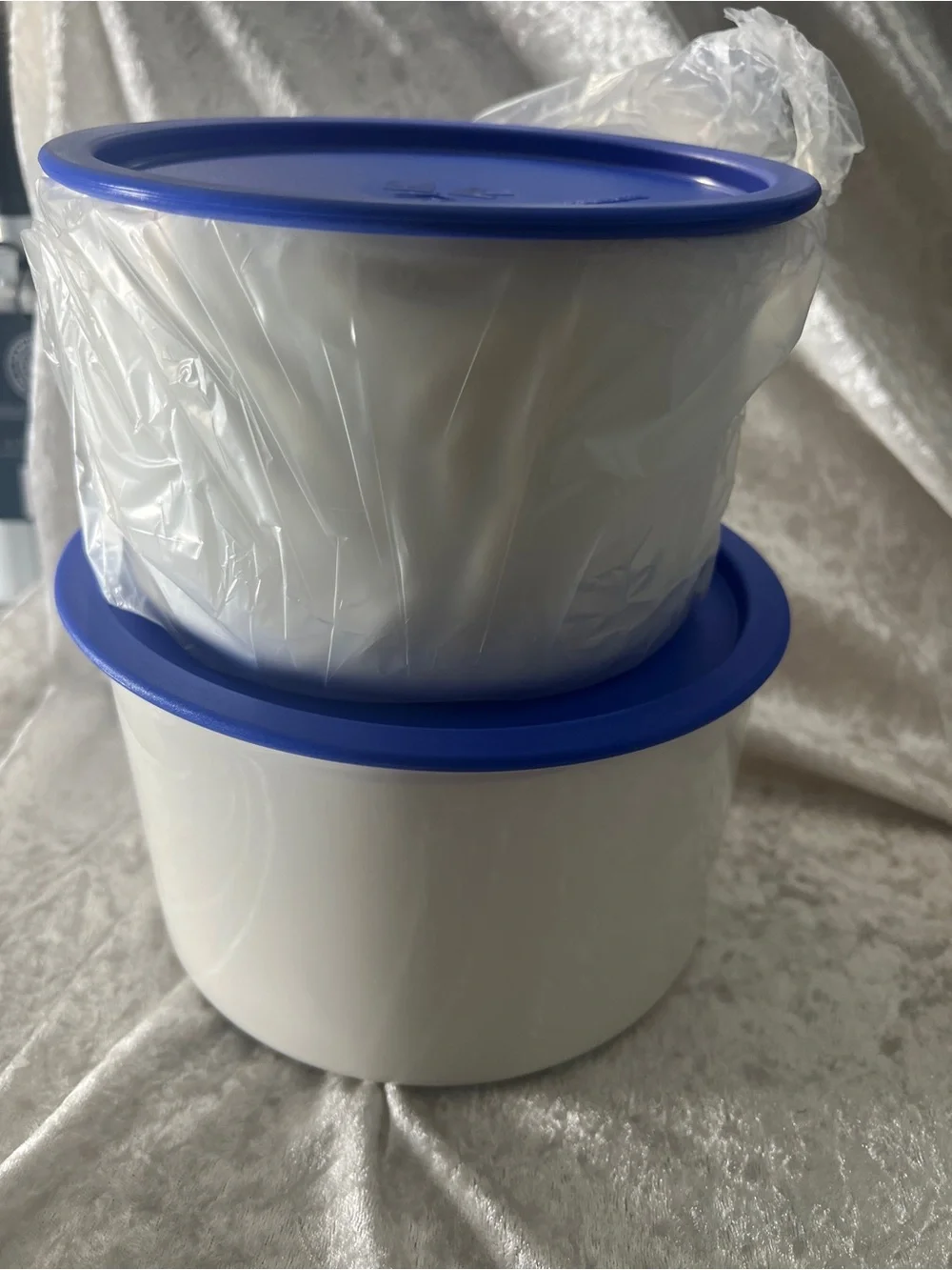Tupperware White Bowls with Blue Lids - Set of 4